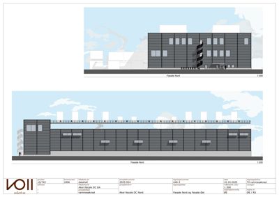 Bildet viser to fasadetegninger (opprikk) av en bygning sett fra nord, med skyer i bakgrunnen og skala 1:300.