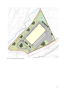 Situasjonsplan (tomteplan) som viser plassering av et prosjektsteds bygning, veier og beplantning i forhold til terrenget.