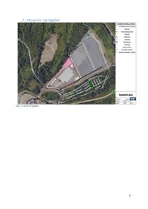 Situasjons- og riggplan som viser tomtens utforming, plassering av bygninger, veier, anlegg og symboler for ulike materialer og utstyr.