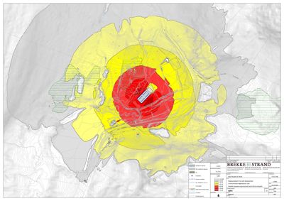 Kart som viser et område med overlagte soner (rødt og gult) og topografi. Det er en situasjonsplan eller et kart over et område.