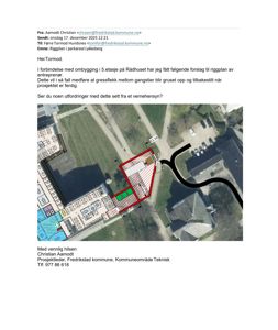 Et satellittbilde (flyfoto) av et byggeområde med overlagte tegninger som viser en planlagt ombygging (rødt) og eksisterende bygninger.