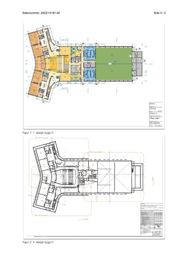 Bildet viser to etasjeplaner (1. og 2. etasje) for bygning C, med romfordeling, vegger og dimensjoner.