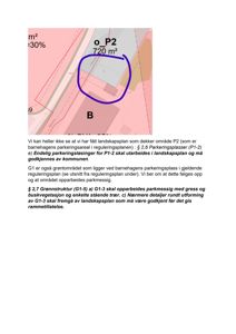 Et utdrag fra en situasjonsplan eller reguleringsplan som viser et område (P2) med angitt areal (720 m²) og en markering (B). Bildet inneholder også tekst om parkeringsareal og grønnstruktur.