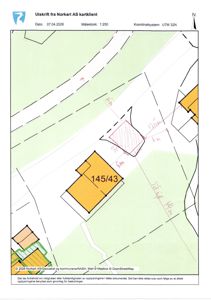Situasjonsplan (tomtekart) som viser eiendommen 145/43, nabobebyggelse, veier og mål på eiendommen.