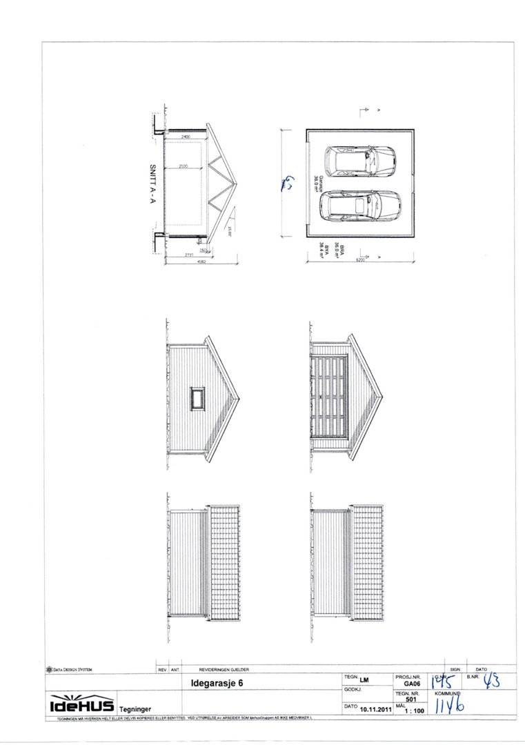Fasadetegning for en idegarasje (garasje) som viser utsiden av bygningen fra fire ulike vinkler.