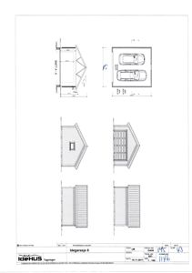 Fasadetegning for en idegarasje (garasje) som viser utsiden av bygningen fra fire ulike vinkler.