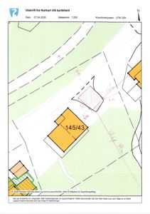 Situasjonsplan (tomtekart) fra Norkart som viser eiendommen 145/43, bygninger, veier og grenser.