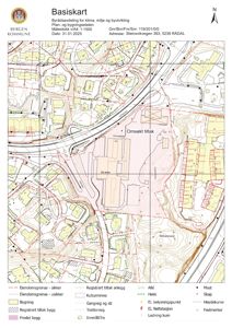 Basiskart (situasjonsplan) fra Bergen kommune som viser eiendomsgrenser, bygninger, infrastruktur og topografi for et område i Rådal.