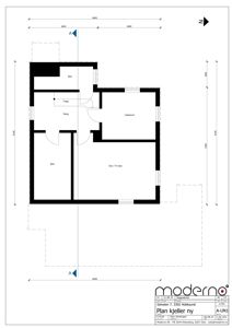 Etasjeplan for en ny kjeller (Plan kjeller ny) som viser romfordeling med soverom, stue, gang og trapp.