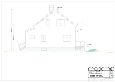 Fasadetegning av en bolig sett fra sør, med høydeangivelser og vindusoppsett.