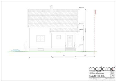 Fasadetegning av en bolig sett fra vest, med høyde- og breddeangivelser.