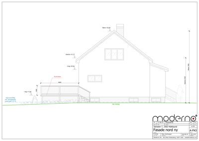 Fasadetegning av en bolig sett fra nord, med mål og notasjoner om høyder og nivåer.