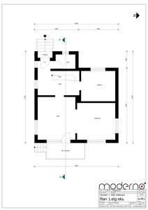Etasjeplan (1. etasje eksisterende) med romfordeling, mål og orientering.