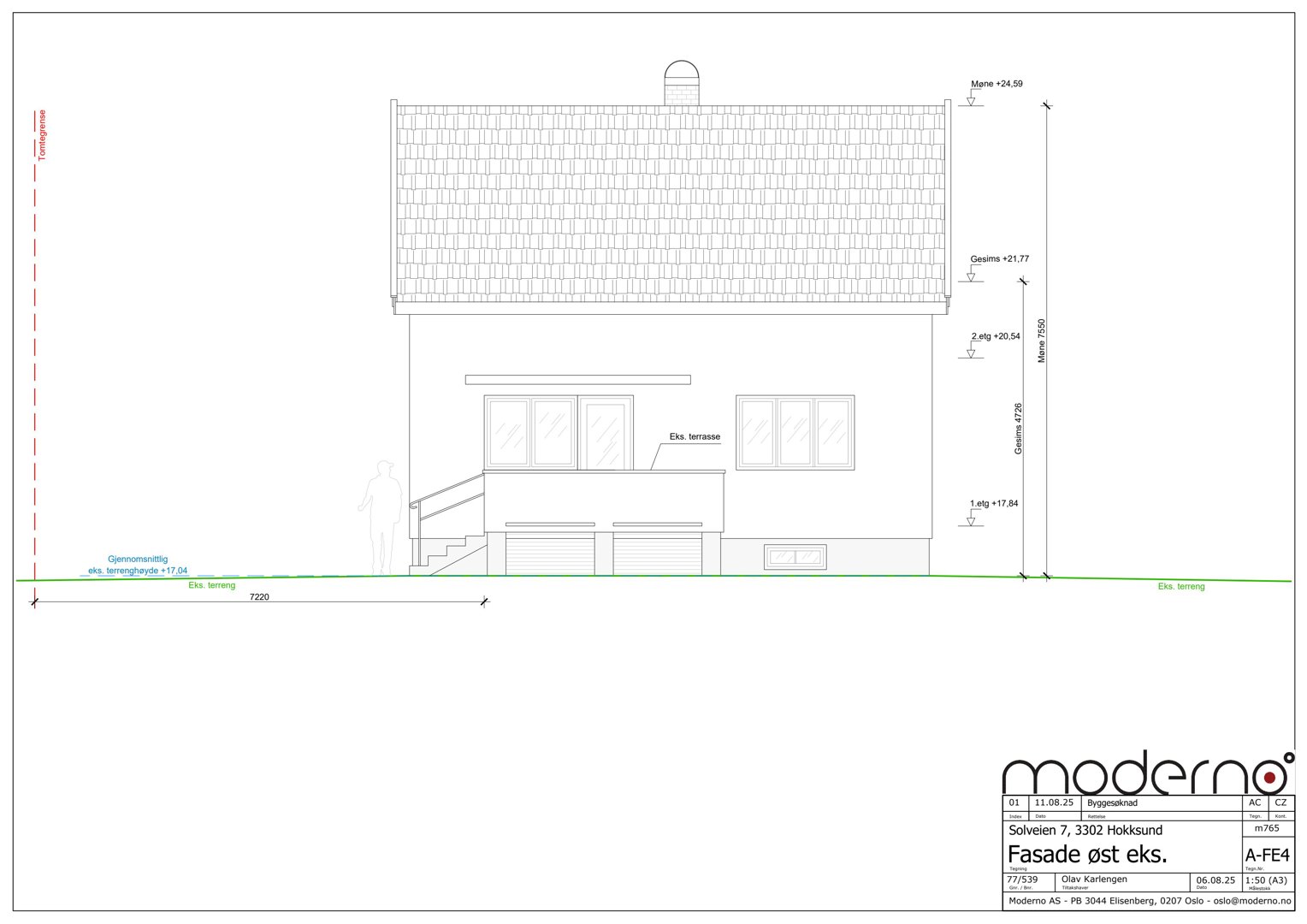 Fasadetegning som viser bygningens utseende sett fra siden, med mål og høydeangivelser.