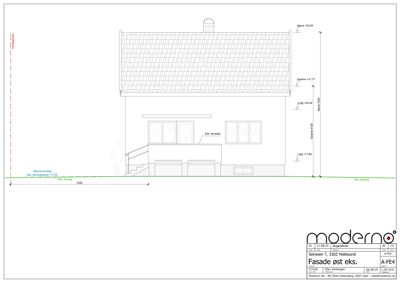 Fasadetegning som viser bygningens utseende sett fra siden, med mål og høydeangivelser.