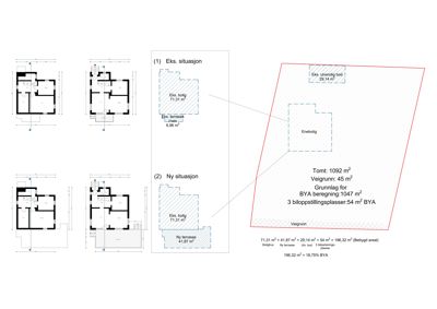 Situasjonsplan som viser eksisterende og planlagt situasjon for en bygning på en tomt, med angitte areal og BYA-beregning.