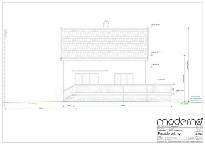 Fasadetegning som viser bygningens utseende sett fra øst, inkludert mål og høyder.