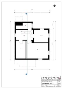 Etasjeplan for kjeller (Plan kjeller eks.) som viser romfordeling med stue, gang, bad og soverom.