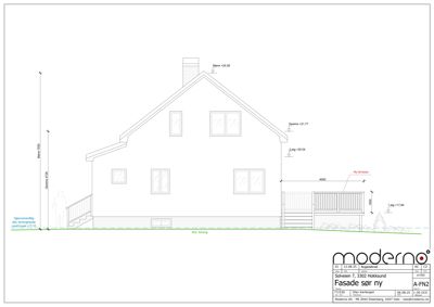 Fasadetegning av en bolig sett fra sør, med mål og høydeangivelser.