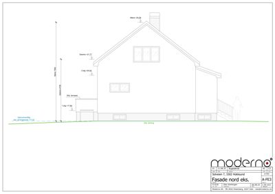 Fasadetegning av en bolig sett fra nord, med høydemål og terrengforhold.