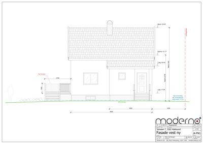 Fasadetegning av bygning sett fra vest, med mål og høyder