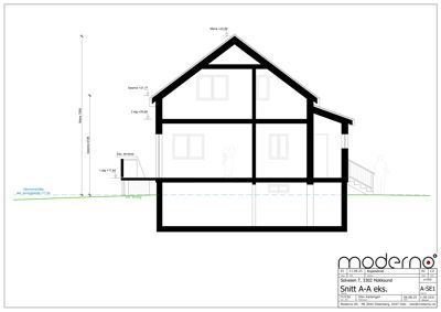 Snittegning (Snitt A-A eks.) som viser bygningens tverrsnitt, høyder og romfordeling.