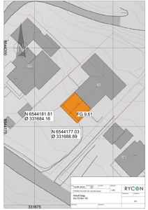 Situasjonsplan som viser tomtens plassering i forhold til nabolag, med koordinater, høydekurver og retning.