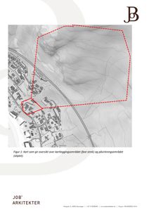 Kart som viser et kartleggingsområde (fast strek) og et påvirkningsområde (stiplet) i et terreng med bygningsmasse.