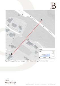 Situasjonsplan med topografiske kurver, bygninger, veier og en profilert linje (A-B) som viser terrengprofil.