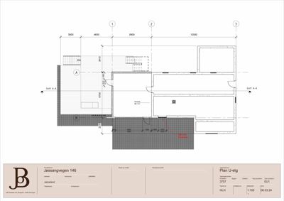 Etasjeplan (U-etg) som viser romfordeling, dimensjoner og snittlinjer for en bygning.