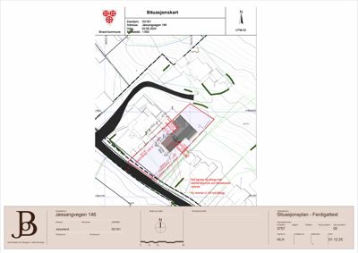 Situasjonskart som viser eiendomsgrunn, bygningers plassering, veier og topografi for Jøssangvegen 146.