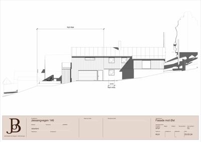 Fasadetegning (opprikk) av en bygning sett fra øst, med merking av nytt tak og nytt vindu.