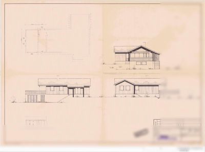 Fasadetegning som viser bygningens utsyn fra fire ulike vinkler (for, bak, venstre og høyre side).