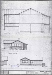 Tegning som viser fasadeopprikk (fra syd og vest) og et snitt av en bygning.
