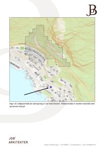 Kart som viser et topografisk kart med bygningsplasseringer, der et spesifikt område er markert med skravering og en tiltaksområde er markert med en blå sirkel og pil.