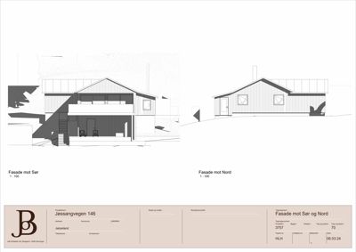 Fasadetegning som viser bygningens utseende fra to vinkler: Fasad mot Sør og Fasad mot Nord.