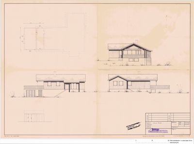 Fasadetegning som viser bygningens utsyn fra fire ulike vinkler (for, bak, venstre og høyre side).