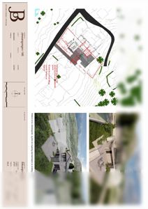 Situasjonsplan med to illustrasjoner (renderinger) av bygningen sett fra ulike vinkler.