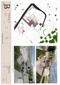 Situasjonsplan med to illustrasjoner (renderinger) av bygningen sett fra ulike vinkler.