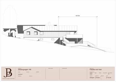 Fasadetegning (opprikk) av en bygning sett fra vest, med detaljer om takform, vinduer og trapp.
