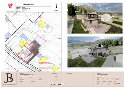 Situasjonskart med to illustrasjoner av forslag til nybygg og en teknisk tegning av situasjonsplanen.