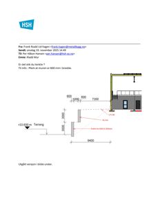 Snittegning som viser etasjeskift, murets høyde og fall i forhold til terrenget.