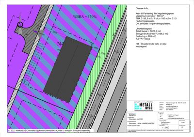 Situasjonsplan som viser tomtens beliggenhet, bygningens plassering, parkeringsplasser og arealdata.
