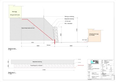 Snittegning som viser tverrsnitt av en mur, inkludert høyder, materialer (naturstein, skråning) og relasjon til eksisterende og nytt bygg.