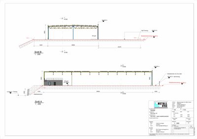 Snittegning (Snitt A og Snitt B) som viser bygningens tverrsnitt, høyder, grunnplan og konstruksjon.