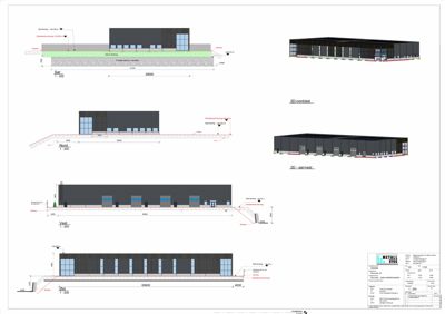 Fasadetegning med oppriss av bygningens sider (Sør, Nord, Vest, Øst) og 3D-visualiseringer av fasadeutsnitt.