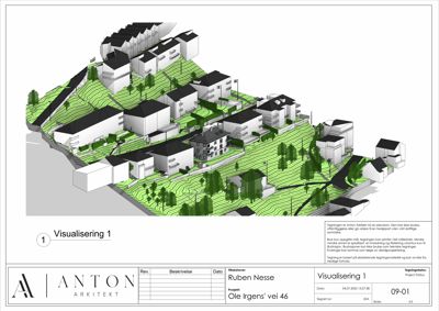 3D-visualisering av et boligfelt med hus, terreng og vegetasjon
