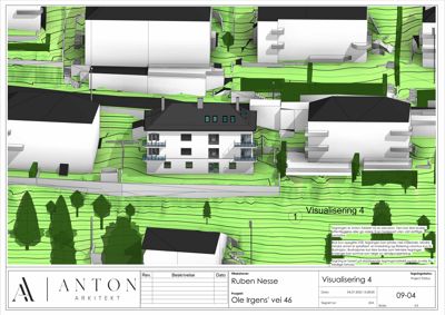 3D-visualisering (rendering) av et boligprosjekt sett fra luften, med omgivende bebyggelse og terreng.