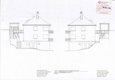 Tegning som viser fasadeopprikk (Nordvest og Sydøst) av et hus.