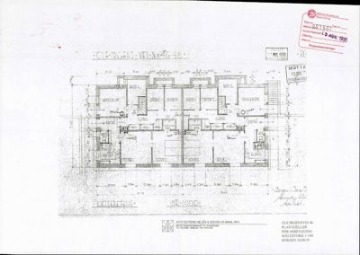 Plantegning av kjelleretasje for en bygning på Ole Irgens vei 46, med romfordeling og mål.